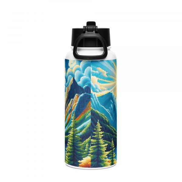 Stainless steel water bottle with a straw lid (Pixel Drawing Forest Lake witn the Sun)