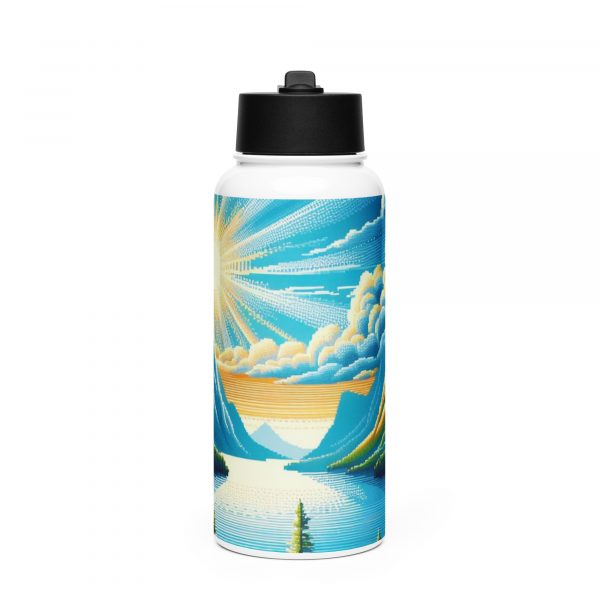 Stainless steel water bottle with a straw lid (Pixel Drawing Forest Lake witn the Sun) - Image 2