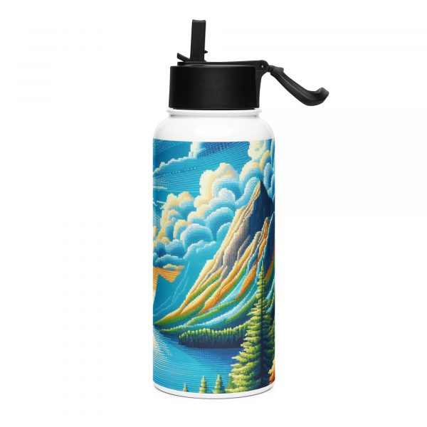 Stainless steel water bottle with a straw lid (Pixel Drawing Forest Lake witn the Sun) - Image 3